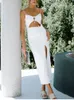 Robes décontractées Asie Robe de plage d'été Lace Up Hollow Out Low Cut Backless Slanched Rucched Renversé Fonction élastique Fonction Sexy Vestidos blancs