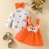 Sets luisterwind 02y babymeisjes herfst outfit sets met lange mouwen Fox Print Romper en Orange Suspender rokhoofdbandsets