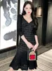 Casual Dresses 2024 Elegant Retro Fashion Women's Black Lace Hook Flower Hollow Sequins Long Sleeve Mermaid Robe Party Holiday Vestidos