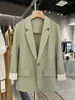 Damespakken groene dunne blazers jas voor vrouwen 2024 op maat gemaakte gestreepte manchet patchwork mouw suit top kantoor dames kleding
