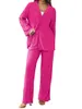 レディースツーピースパンツ2pcラウンジウェアセット女性ソリッドカラーターンダウンカラー長袖シャツとプリーツルーズ衣装カジュアル服