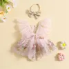 One-Pieces pudcoco Newborn Infant Baby Girl Outfit, Embroidery Flower Fly Sleeve Romper with Bowknot Hairband Summer Clothes 024M