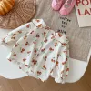 Chemises 2023 Corée Baby Girl Spring Automne Shirt imprimé broderie Peter Pan Collar Top patchée en dente