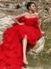 Party Dresses Fashion Tiered High Low Evening Short Front Long Back Red Tulle Prom Dress Strapless Backless Sexy Celebrity Gowns