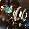 Wedding Rings 3pcs Aqua Blue Stone Square Triple Ring Set Antique Gold Color White Crystal Stacking Wedding Engagement Rings For Women Jewelry