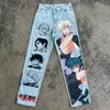 Męskie dżinsy japońskie anime grafika szeroko nogi streetwear y2k dla mężczyzn kobiety harajuku w stylu spodni o wysokiej talii