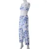 Kvinnors tvåbitar byxor Floral V-hals Spaghetti Strap Suit Stylish 2-Piece With Camisole bredbensbyxor för arbete Kvinnor