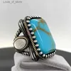 Band Rings Charm Square Geometry Blue Stone Grave Silver Colors Leaf for Men Party Jewelry Gift H240424