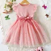 Robes de fille Summer Girls Sequins Sleeves Flying Mesh Kids For Princess Birthday Party Robe 2-6 ans Baby Casual Wear