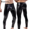 Calça yufeida masculina de couro pu de uma bolsa magra de calças eróticas apertadas de tenta de calça clubes de clubes