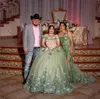 Мята зеленая принцесса Quinceanera Планчики от плеча 3D цветочная аппликация Pupeby юбка Corset vestidos de 15 Anos Quinceaneras 2024