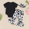 Kläderuppsättningar 0-18m småbarn Baby Girl Summer Outfits Letter Cow Print Kort ärm Rompers Flare Pants Pannband 3st kläder Set