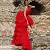 Party Dresses Fashion Tiered High Low Evening Short Front Long Back Red Tulle Prom Dress Strapless Backless Sexy Celebrity Gowns