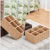 Bins Basket Storage Woven Wicker Baskets Seagrass Rattan Organizer Box Bin Desktop Makeupholder Compartment Rectangular Hyacinth Bins