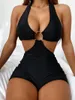 Kadın Mayo 2024 Seksi Tek Parça Mayo Kadın Siyah Renkli Baskı Yular Yüksek Bel Mayo Takım Plaj kıyafeti Maillot de Bain Femme