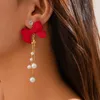 Kolczyki Dangle Red Bow Women's Fardrop Massel 2024 imitacja Pearl Luksusowy bankiet ślub dla damskich biżuterii