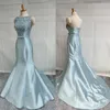 Party Dresses Anxin Sh Princess O Neck Sleeveless Baby Blue Satin Mermaid aftonklänning Vintage Beading Crystal Trumpet