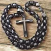 Necklaces Stainless Steel Cross Pendant Necklace Mens Thick Link Byzantine Chain Choker Collier Pendentif Black