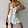 Casual jurken boho massief katoenen linnen strandjurk vrouw 2024 zomer spaghetti riem vrouwen sexy v-neck off schouder mouwloze mini