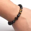 Hilos de moda religión cross hombres mujeres 8 mm de piedra natural ojo de tigre negro ágata mate negro brazalete pulsera elástica joyería