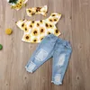 Kläder sätter 1-5 år baby flicka kläder set vit gul solros tryck en axel skjorta flickor hål cowboy jeans pannband outfit