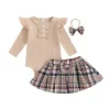 Sets Cute Newborn Baby Girl Fall Winter Clothes Long Sleeve Ruffles Ribbed Romper Plaid Mini Skirt Set 3Pcs Outfit