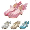 Princess Butterfly Leather Shoes Kids Diamond Bow Knot High Heel Children Girl Glitter Shoes Fashion Girls Party Dance Shoe 240422