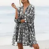 Vestidos de festa foridol lanterna de meia manga Cyan Bohemian Beach Midi Loose Dress Summer para mulheres Amarre férias florais casuais vestidos