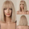 Wigs Bob Blonde 100% Remy Human Hairs for Women Natural Straight Short Beige Wigs with Full Bangs Heat Resistant Human Hair Wig Daily