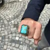 Band Rings Charm Square Geometry Blue Stone Grave Silver Colors Leaf for Men Party Jewelry Gift H240424