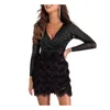 Casual Dresses Sequined Party Dress Elegant Midje-Cinching Sequin Faux Fur Mini For Women Low Cut V Neck Mante Slim Fit