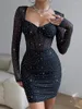 Casual Dresses Women Sexy Solid Color Sheer Mesh Patchwork Sequin Decor Mini Dress