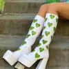 Boots Heart-Shaped Platform Chunky Heels Long White Leather Knee High Round Toe Outfit Spring Shoes Modern Women's