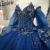 Robe de bal à manches détachables en cristal en cristal bleu robes quinceanera robes sans bretelles appliques en dentelle