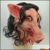 Masks Roanoke Pig Wholesale-scary Party Mask Adts Fl Face Animal Latex Halloween Horror Masquerade with Black Hair H-0061 Dhwxl
