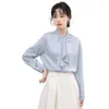 Kvinnors blusar Elegant band Bow Tie 2024 Spring White Blue Long Sleeve Shirt Women Office Lady Business