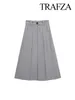 Skirts TRAFZA 2024 Spring Fashion Women's Elegant Pleated Long Skirt Solid Gray Vintage A-Line Versatile High Waist Trendy Bottoms