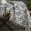 1PC Bohemian Floral Printed Vintage Blue Tracloth, rektangelform, lämplig för festrestaurangkök café varje säsong dekorativt bordsskydd