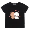 Tees Panda Bear Bubu и Dudu милая футболка детская летняя одежда 100% хлопковые девушки топ -топы мультфильм принт розовый футболка Aneck Anime Boys Рубашка