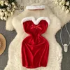 Casual Dresses 2024 Year Christmas Party Womens Red Velvet Strapless Sexy Mini Short Black Dress Furry Collar Night Club