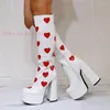 Boots Heart-Shaped Platform Chunky Heels Long White Leather Knee High Round Toe Outfit Spring Shoes Modern Women's