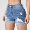 Kvinnors jeans rippade denimshorts mitten av midjan stretchy jean med fickor rullade upp avslappnad elastisk 2024 streetwear