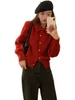 Women's Knits Retro Red Knitted Cardigan 2024 Spring Design Sense Love Single Breasted Flip Collar Sweater Elegant Fashion Coat