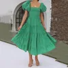 Casual klänningar Kvinnor Summer Solid Color Puffy Sleeve One Shoulder Layered Pleated Floaty Beach Boho Dress Hi Low For Women