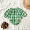 Conjuntos da primavera outono bebê menina casual conjunto solto xadrez verde oneck lantern manga de boneca camisa+broto de flores roupas recém -nascidas e36232