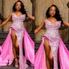 Superbe robe de bal rose Barbie pour femmes noires chérie paillettes perlées robes de soirée super-écarts élégants cuisses divisées robes formelles africaines pour femmes