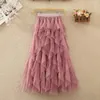 Skirts Qooth Women Polka Dot Tulle Cake Mesh Skirt Elegant Elastic Waist Fairy Long A-line Tutu For All Season QT2215