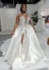 Abiti da sposa bianchi abiti da sposa in avorio un pizzo con cerniera personalizzata a lunghezza del pavimento in linea con taglie taglie forti di raso a maniche lunghe a maniche lunghe Crystal 0509