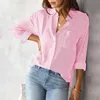 Blusas femininas 2024 camisa estampa listrada botão clássico para baixo de manga longa bolsos casuais diariamente tops de verão senhoras