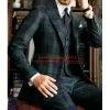 Jackor England Business Suits For Men Slim Fit Green Plaid Check 3 Pieces Set Jacket Vest Pants Groom Wear Banket Party Tuxedo Tailore